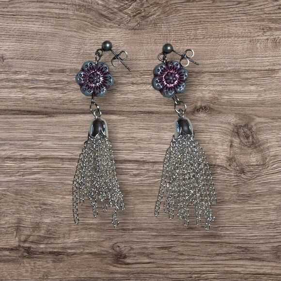 Wild Rose Flower Chain Tassel Earrings Stainless Steel Posts - Picture 5 of 10